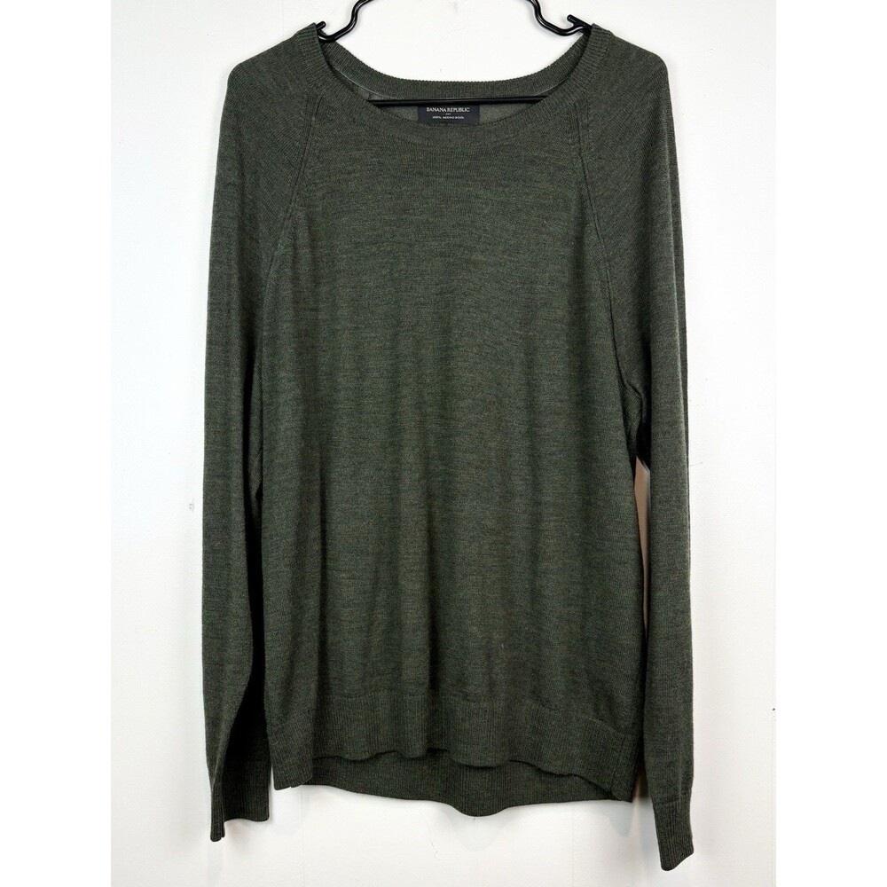 Banana Republic Sweater Men's Large Merino Wool Raglan Minimalist Green Classic